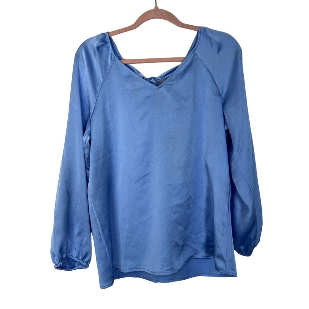NWT Nine West Light Blue Satin Long Sleeve Back Bow Tie Blouse Top Size M